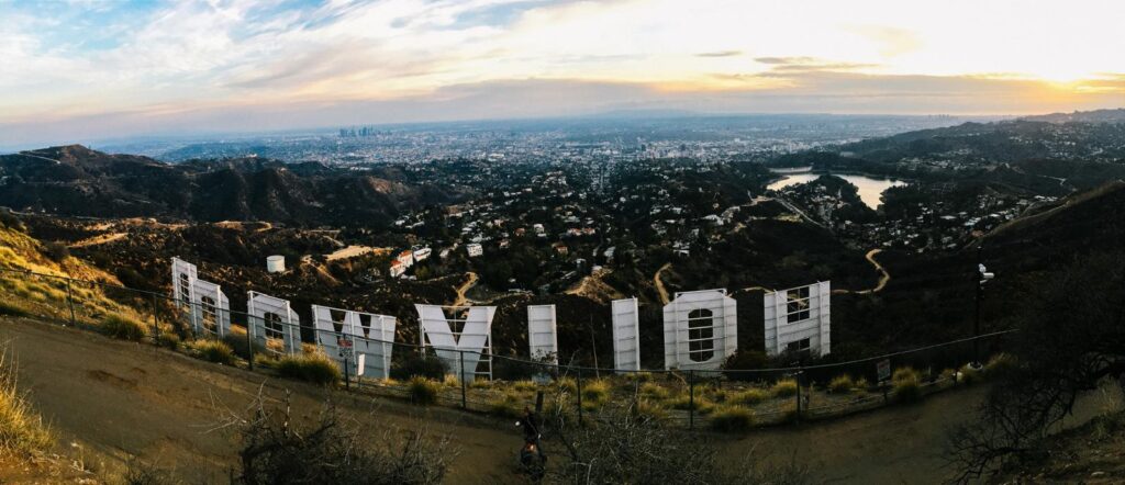 The HOLLYWOOD sign in Los Angeles, backward overlooking the city.